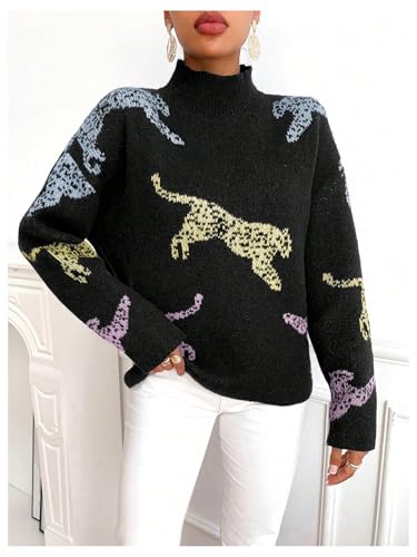 Image of WDIRARA Women's Leopard Tiger Print Sweater High Neck Long Sleeve Fuzzy Knitted Pullover Top