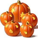 Geelin 5 Pack Thanksgiving Lighted Pumpkin Decor Various Size Hollow Lighted Pumpkin Lantern Battery Operated Resin Fall Harvest Table Centerpiece for Thanksgiving Autumn Home Decorations(Orange)