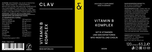CLAV® Vitamin B Komplex – 360 vegane Kapseln (3er Set) – alle 8 B-Vitamine & Kofaktoren – Vit B1, B2, B3, B5, B6, B12 Methylcobalamin, Biotin & Folsäure – hochdosiert & vegan