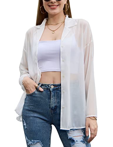Yya Women's Button Front Long Sleeve Mesh Shirt See Through Sheer Drop-Shoulder V Neck Blouse Tops,White #TOP2