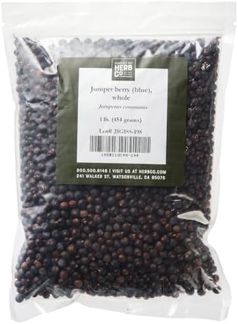 Juniper Berries Whole, by Herb Co, Juniperus Communis, Common Juniper, from Bosnia, Kosovo & USA, Kosher, to Flavor Food, Beer, Gin & Used in Potpourri, Skin & Hair Products, 1 lb