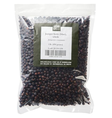 Juniper Berries Whole, by Herb Co, Juniperus Communis, Common Juniper, from Bosnia, Kosovo & USA, Kosher, to Flavor Food, Beer, Gin & Used in Potpourri, Skin & Hair Products, 1 lb