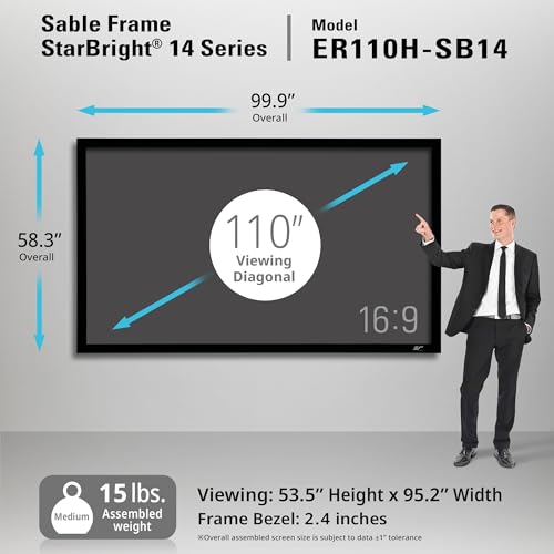 Image of Elite Screens 110 inch Fixed Frame Projector Screen 16:9, StarBright 14 ALR, 4K /8K UHD Ready, Wall Mounted, Black Velvet Frame for Home Theater, ER110H-SB14