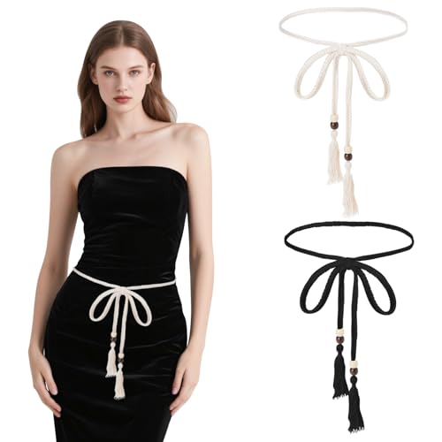 2 Pcs Rope Belts for Women Trendy, Thin Tassel Braided Boho Rope Belt Waist Cotton Ties Waistband Medieval Costume