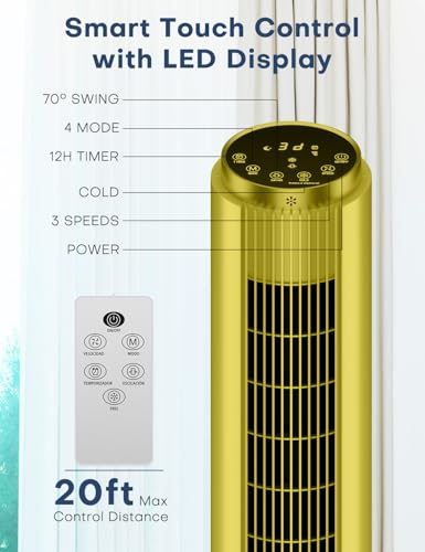 Image of HIFRESH Air Cooler for Home, 107CM Tower Cooler w /Remote & LED Touch Screen, 4 Mode & 3 Speed, 12H Timer, 26 Feet Air Delivery, 4L Water Tank, 4 Ice Packs, 70 Swing Control, 80W Low Power Consumption
