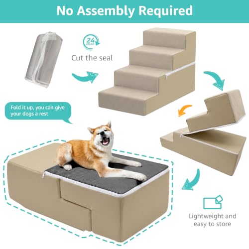 Image of YENING Large Dog Stairs for High Beds - 24 Inches Tall Extra Wide Pet Steps for Large Dogs to Get on Bed 4 Deep Step for Couch Beige