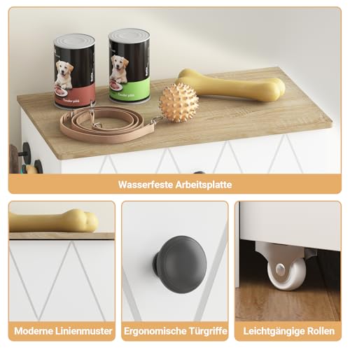 Haustier-Futterschrank mit Lagerschrank, Futterschrank Hund mit 2 Edelstahlnäpfen & 3 Haken, Hundefutterstation mit Schubladen & Verstellbarer Ablage, Hundebar für Hunde, 61x35,5x82,5cm (Weiß)