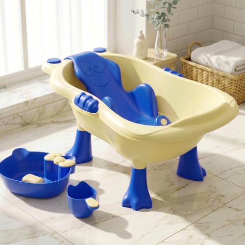 Image of StarAndDaisy Bath Tub for Baby 0-5 Years / Bath tub for Kids with 0-3 Years Girls & Boys with bathseat, Legs, mug and soap tray, Space Saving Design, Newborn Baby Bathing Tub, Easy to Store (Cream-Blue)
