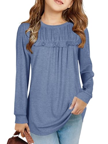 Haloumoning Girls' T-Shirts, Tunic, Ruffles, Long-Sleeved Shirts, Leisure, Loose Tops, Cute Children's Soft Blouse, Blue, 10-12 Years