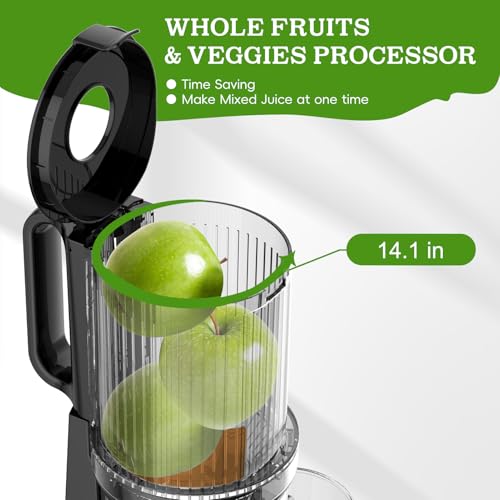 WHUTO Cold Press Juicer, Wide Feed Chute Juicer Machines, Stainless Steel Slow Masticating Juicers Easy to Clean, Vegetables & Fruits Juice Extractor, High Juice Yield, Silver Color Knob
