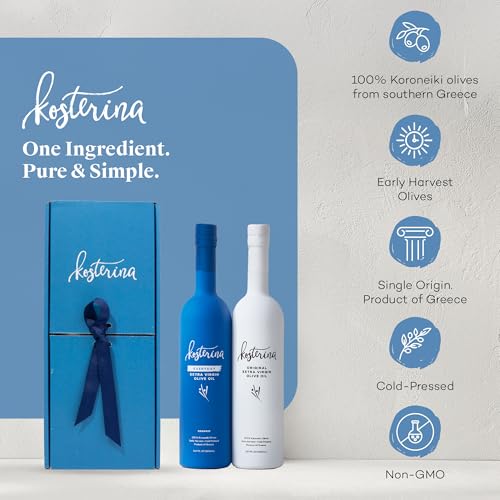 Kosterina Extra Virgin Olive Oil Gift Set | Polyphenol Rich Greek Olive Oil, Cold-Pressed EVOO, Early Harvest Koroneiki Olives | High Antioxidant Superfood | Harvested in Greece (16.9 oz | Set of 2)