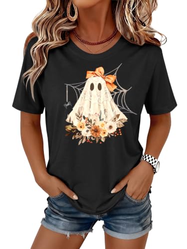 ANRABESS Women Halloween Doodles Shirt Oversized Cute Pumpkin Ghost Tee - image 2