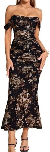 KUTUMAI Off The Shoulder Maxi Long Dress Corset Ruched Bodycon Formal Wedding Guest Dresses for Women, Blackfloral, L