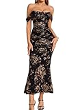 KUTUMAI Off The Shoulder Maxi Long Dress Corset Ruched Bodycon Cocktail Formal Wedding Guest Dresses for Women BlackFloral XL
