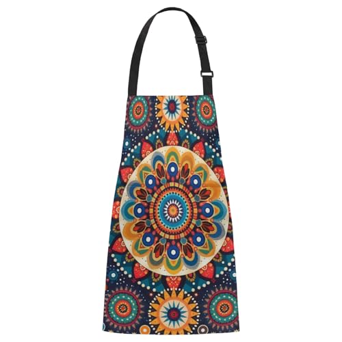 Aglebo Mandala Flower Hand Painted Chef Apron with Pockets Adjustable Shoulder Strap Waterproof Cooking Apron for Kitchen Baking Gardening Pottery Painting