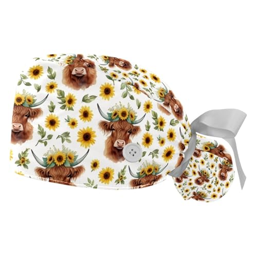 Image of 2 PCS Bouffant Cap with Button Ponytail Pouch Working Cap Sweatband Adjustable Surgical Cap Black and White Cow