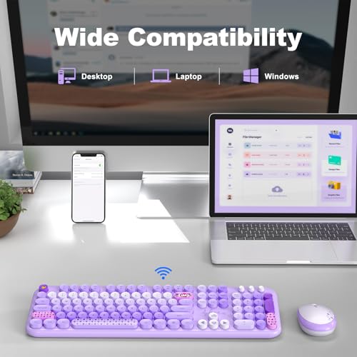 Image of MOFII Wireless Keyboard and Mouse Combo, Full-Size Retro Typewriter-Style Wireless Keyboard with Optical Mouse for Computer /Laptop /Windows /Mac (Purple Mixed)