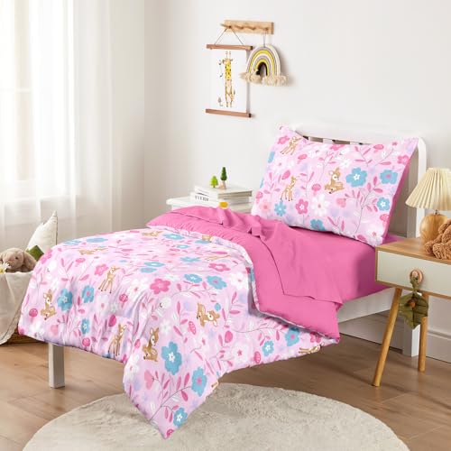Image of Wake In Cloud - Floral Toddler Bedding Set for Girls, Cute Colorful Botanical Flowers with Deers, 4 Pieces Soft Crib Bed Set Including Comforter, Sheets and Pillowcase, Pink