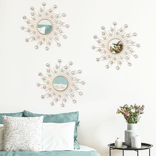 Uaussi 3 Pack Crystal Sunburst Wall Mirror Décor Rhinestone Mirrors Decorative Home Wall Art for Living Room Bedroom Entryway(Crystals Gold)