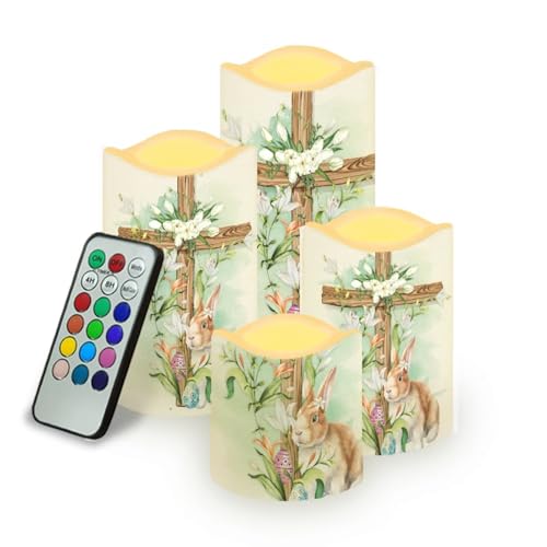 Image of Easter Bunny and Ccoss Plastic Flameless Candles with Remote Control and Timer LED Flickering Battery Electric Pillar Candles for Table Easter Decoration