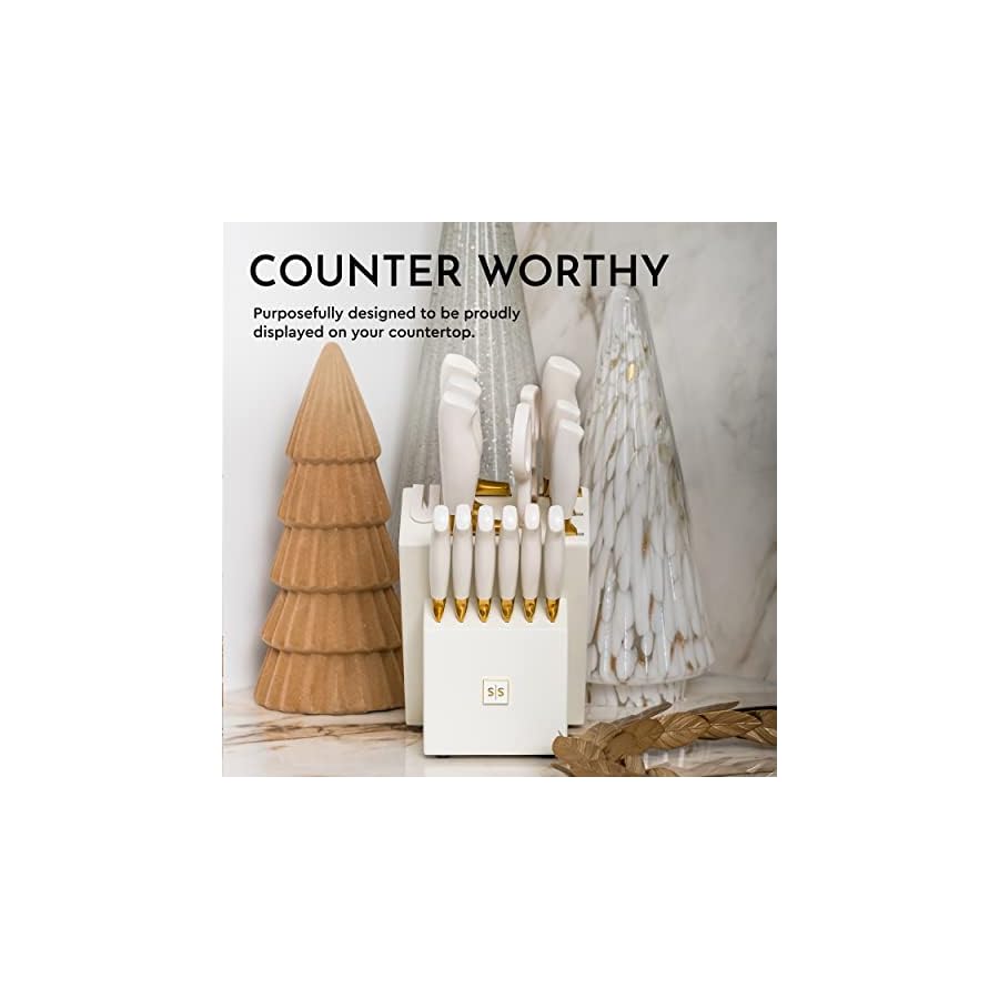 Gold Knife Set with Block Self-Sharpening – 14-Piece Titanium Coated Gold and Off-White Kitchen Knives with White Block and Built-In Sharpener – Stylish Luxury Kitchen Accessories and Decor