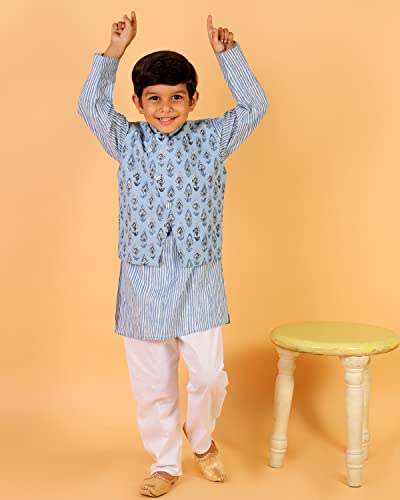 Image of The Mom Store Boys Printed Cotton Kurta Pajama Set With Jacket | Soft And Comfortable Ethnic Wear For Baby /Kids Boys | Full Sleeves Kurta Pyjama Set | Traditional Indian Outfit