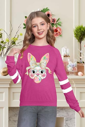 Image of LAZYCHILD Kids Easter Shirt Girls Happy Easter Shirts Rabbit Graphic Long Sleeve Striped Tee Tops 5-14 Years