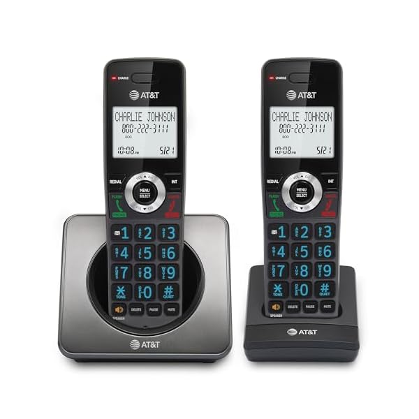 AT&T GL2101-2 DECT 6.0 2-Handset Cordless Home Phone with Call Block, Caller ID, Full-Duplex Handset Speakerphone, 2″ White Backlit Display, Lighted Keypad (Graphite & Black)