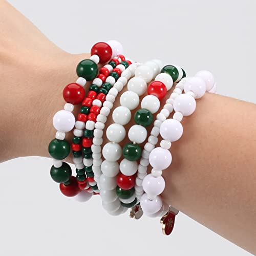 Budsmile 4 Set Christmas Beaded Stretch Bracelets Elk Snowman Bell Snowflake Stanta Hat Xmas Tree Friendship Jewelry Merry Christmas Gifts For Girlfriend Wife Daughter Mother #TOP6