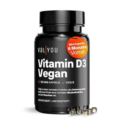 VALYOU Veganes Vitamin D3 2.000 IE ◉ 120 Kapseln je 50 μg ◉ Hochdosiert aus pflanzlicher Quelle ◉ Vitamin D für Immunsystem, Muskeln & Knochen ◉ 8 Monate Vorrat ◉ Laborgeprüfte Premium-Qualität