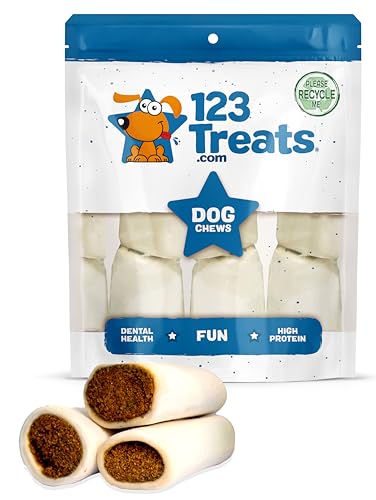 123 Treats, Filled Dog Bones, Peanut Butter Bones for Dogs (3 to 4" Beef Bones - 10 Count) Stuffed Shin Bones, Long Lasting Chews for Dogs, Individually Shrink Wrapped