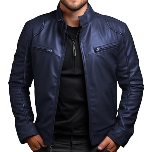 Men's Stand Collar Faux Leather Jacket Casual Zip Up Leather Motorcycle Jacket Solid Color Slim Punk Biker Outwear