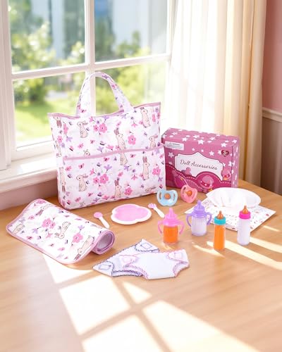 BABESIDE Baby Doll Accessories 12 Pcs Baby Doll Diaper Bag Playset with Changing Mat & Magic Bottles Role Play Gift for Girls 3+ Fits Dolls up to 20 Inch (Doll Not Included)