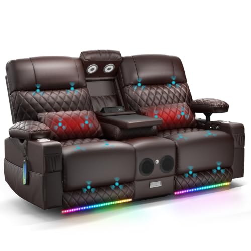 VAFEAFO Loveseat Recliner, Power Reclining Loveseat with Massage & Heat, Wall Hugger Reclining Sofa w/Console, LED, Bluetooth Speaker, Storage & Outlets, 360° Swivel Armrest, RGB, PU Leather for RV