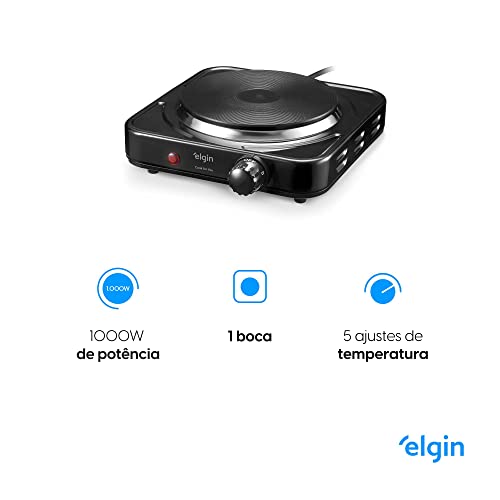 Elgin, Fogão Elétrico Portátil Cooktop de Mesa, 1 Boca, 5 opções de temperatura, 1000W, Preto, 110V glide