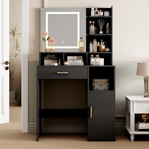 mcc direct Dressing Table, Vanity Desk with Mirror, LED Lights and Drawers, Makeup Desk with Brightness Adjustable, Large Open Storage Areas for Bedroom (Black) - TRURO