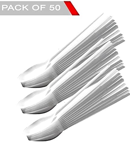 AQZONE Reusable White Plastic Desert Spoons with Heavy Duty Material Ideal for Parties, Events, Birthday | Plastic Spoons | Disposable Spoons | Small Plastic Spoons | Dessert Spoons | Pack of 50