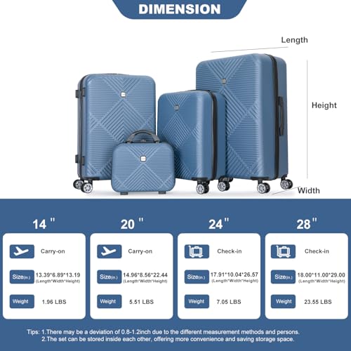 4-Piece Abs Lightweight Suitcase Set, Includes 14 Inch Makeup Box, Smooth-Rolling Spinner Wheels (14/20/24/28) Blue4