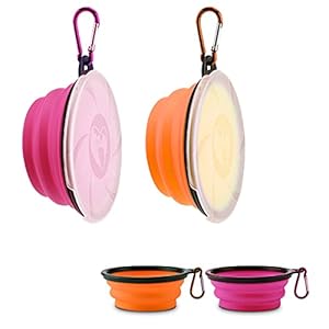 Aoliandatong 2 Stück Hundenapf Faltbar, Haustier Reisenapf mit Deckel und Haken, Tragbare Silikon Fressnapf, Hundeschüssel für Reise Spaziergänge Zwinger Camping(450ml, Orange und Pink)
