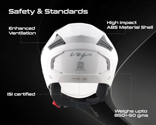 Image of Vega VO-05 Clark ISI Certified Open Face Motorcycle Helmet with High-Impact ABS Shell, Scratch-Resistant Visor, Comfortable Breathable Inner Padding & Secure Strap - White - L