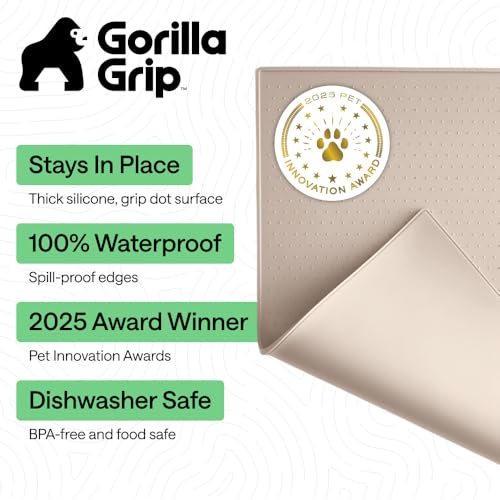 Image of GORILLA GRIP 100% Waterproof Raised Edge BPA Free Silicone Pet Feeding Mat, Dog Cat Food Mats Contain Spills Protects Floors, Placemats for Cats and Dogs Water Bowl, Pets Accessories 32x24 Cream