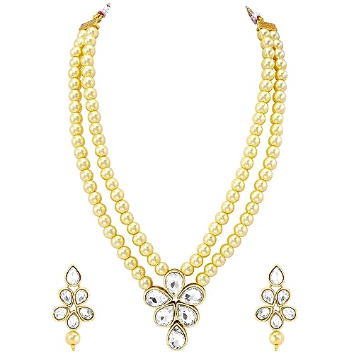 Image of Peora Crystal Faux Pearl Kundan Necklace & Jewellery Set Gift for Women