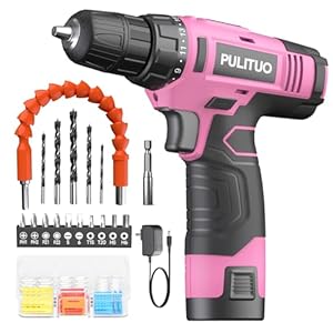 PULITUO 12V Pink Cordless Drill Set Power Drill Kit with Battery and Charger,electric drill home improvement,3/8-Inch Keyless Chuck,Built-in LED,21+1 Torque Setting small drill