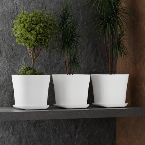 Image of StyleX Store Pack of 3 Square Plastic Flower Pot with Tray | Modern Indoor Outdoor Planter for Home Balcony Garden Office | Durable Lightweight Planter Pot | 6 Inch, White