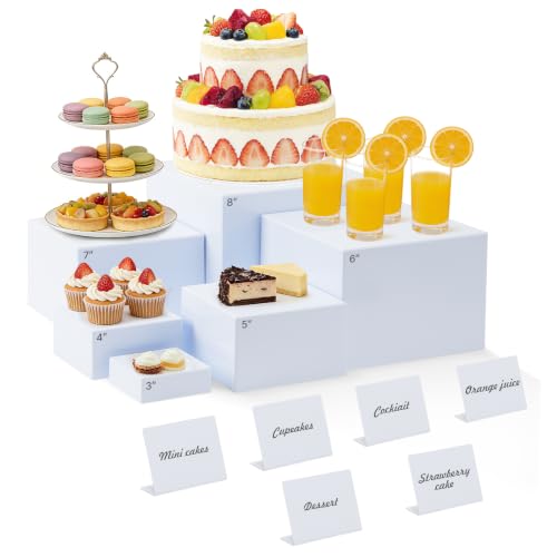 Nestable Buffet Risers - 6 Pcs White Acrylic Food Risers with Signs & Markers Sturdy Dessert Table Display Stands for Parties Catering Jewelry & Collectibles (Easy-Store Stackable Cubes: 8 7 6 5 4 3)