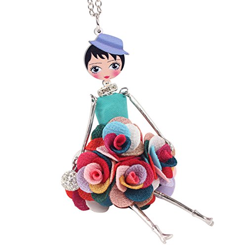 BONSNY Paris Doll Necklace Dress Handmade Pendant Amellie Alloy Flower Crystal Long Chain Women Jewelry2