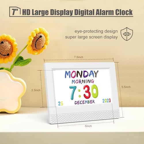 Image of Kids Digital Alarm Clock with Voice Scene Reminders, 7 inch Eye-Caring Display | Watercolor Wallpapers, Auto Dimming DST /Calendar Clock, Sleep Trainer Easy Setup Gift-Ready Box for Kids Birthday with Remote