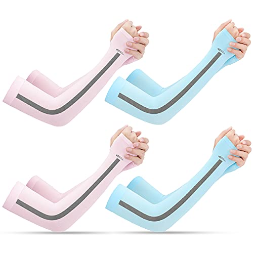 HiRui Warm Arm Compression Sleeves, 2/3/4/5 Pairs Hands Arm Covers UPF50 UV Protection for Men Women Kids, Running Cycling Golf Basketball Driving, Tattoo Covers (4 Pairs(Pink/Blue))