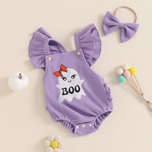 Infant Newborn Baby Girl Halloween Outfits Cute Ghost Embroidery Ruffle Sleeve Romper Headband Waffle Clothes Set2
