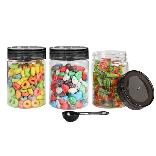 Image of PEARLPET Plastic Containers for Kitchen Storage | Plastic Container Set with Spoon | BPA-Free, Stackable Jars | Black, 300 ML (Set of 3)